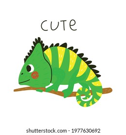 Cute exotic cartoon animal chameleon on white background. Vector illustration for printing on fabric, clothing, packaging paper, postcard, poster. Cute baby background