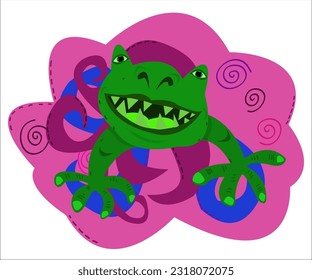 A cute exotic fantasy green frog on a funky pink background. This cartoon illustration can be used as a logotype for sea, swimming, zoo, tourist, veterinary and creative companies. Vector, isolated.