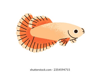 Cute exotic fish swimming. Tropical sea marine small little animal with large fan-shaped tail, big fins. Betta, decorative fauna. Flat graphic vector illustration isolated on white background