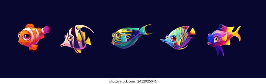 Cute exotic fishes color vector icon big set. Amazing underwater animals illustrations pack on dark blue background. Cartoon design elements