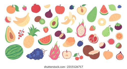 Cute exotic fruit doodles, coconut and lemon slices. Hand drawn tropical fruits, dragon fruit, melon slice and berries, vitamin rich food doodle stickers, summer fresh organic ingredients vector set