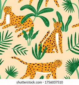 Cute exotic hand drawn leopard with tropical plant seamless pattern. Funny wild cheetah sitting, lying, walking with leaves vector flat illustration. Colorful spotted predatory feline