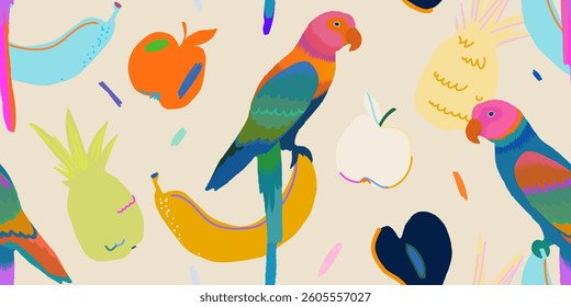 Cute exotic hand drawn pattern with fruits and parrot. Dynamic playful print. Fashionable template for design. 