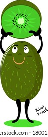 Cute exotic kiwi, funny fruit with half of fresh kiwi in hands. Cartoon  character, colorful vector illustration, isolated on white background