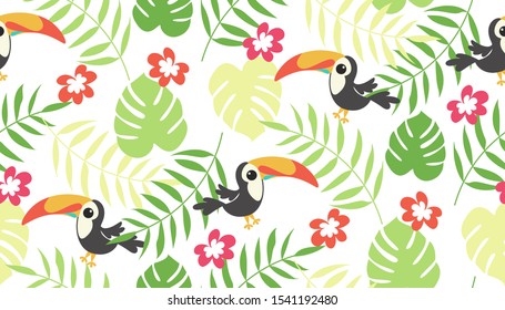 Cute exotic seamless tropical pattern with toucan and leaves suitable for kids vector image background 