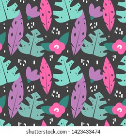 cute exotic seamless vector pattern background illustration with tropical leaves and flowers