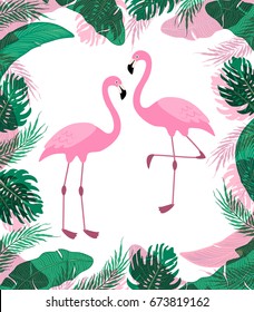 Cute exotic tropical background with cartoon characters of two pink flamingos