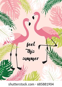 Cute exotic tropical background with cartoon characters of two pink flamingos "Feel this summer"