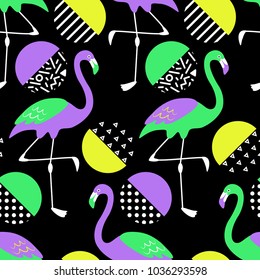Cute exotic tropical seamless background with cartoon characters of neon flamingos in 80s style