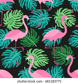 Cute exotic tropical seamless background with cartoon characters of pink flamingos