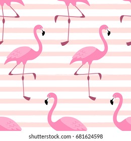 Cute exotic tropical seamless background with cartoon characters of pink flamingos