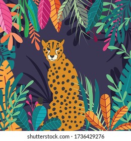 Cute exotic wild big cat cheetah sitting on dark tropical background with collection of exotic plants. Flat vector illustration