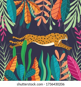 Cute exotic wild big cat cheetah running on dark tropical background with collection of exotic plants. Flat vector illustration