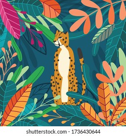 Cute exotic wild big cat cheetah sitting on dark tropical background with collection of exotic plants. Flat vector illustration