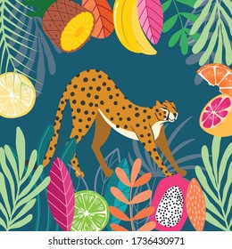 Cute exotic wild big cat cheetah stretching on dark tropical background with collection of exotic plants and fruit. Flat vector illustration