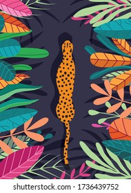Cute exotic wild big cat cheetah walking through dark tropical background with collection of exotic plants. Flat vector illustration