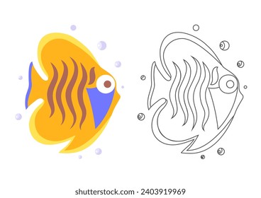 Cute exotic yellow fish vector illustration undersea, sea life coloring book or coloring page