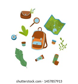 Cute explore and travel objects set. Element for print, poster, site and objects design, or other design project. Vector illustration.