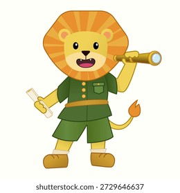 Cute explorer lion. Cartoon character dressed as an explorer, holding a telescope and a map. Isolated character