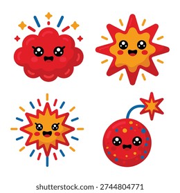 Cute explosion characters with fireworks sparks, comic festival poster element, special effects demo session, kids science zone, safety talk