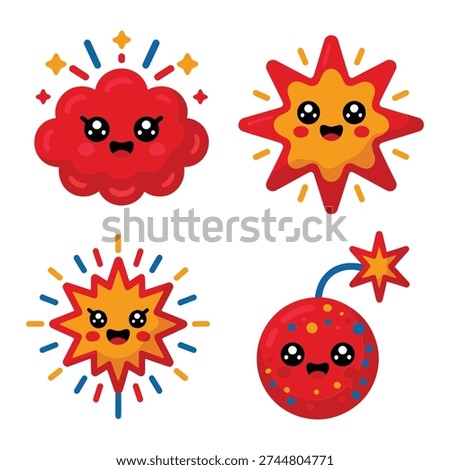 Cute explosion characters with fireworks sparks, comic festival poster element, special effects demo session, kids science zone, safety talk