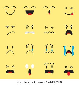 Cute Expression Emoji on Yellow Background  Designed as 4 Groups Of Facial Expressions, Happy, Angry, Sad, Frightened. Useful For General Cartoon Face And Emotional Reaction. 