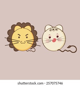 Cute expressions of angry lion and sad cat on brown background.