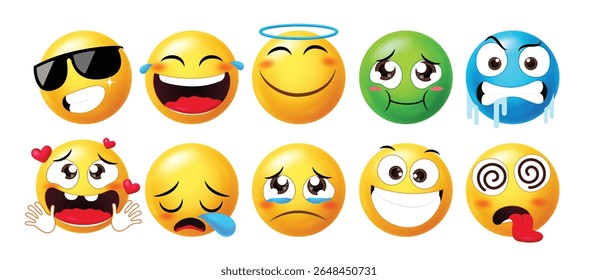 Emojis 3D bonitos e expressivos mostrando alegria, tristeza, amor, tontura, babando, frieza e humor angelical. Ideal para bate-papos, adesivos, conteúdo social ou elementos UX.
