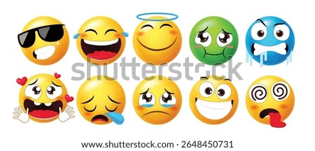 Cute and expressive 3D emoji faces showing joy, sadness, love, dizziness, drooling, coolness, and angelic mood. Ideal for chats, stickers, social content, or UX elements.
