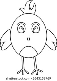 A cute and expressive baby chick standing with a surprised face in a minimalist black and white line art style. This cartoon character is ideal for kids’ coloring books, educational worksheets.