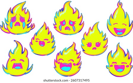 Cute And Expressive Fire Stickers. Neon Flame Emotions