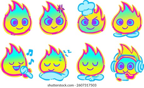 Cute And Expressive Fire Stickers. Neon Flame Emotions