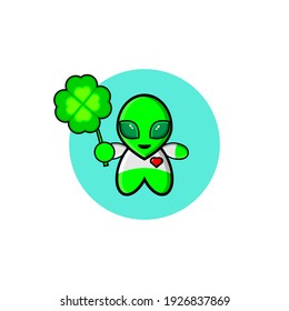 Cute extraterrestrial character bringing a lucky 4 leaf clover, illustration design