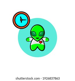 Cute extraterrestrial character looking at clock illustration design