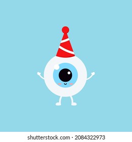 Cute eye ball in birthday party hat isolated on background. Christmas funny smiling eyeball. Flat design cartoon kawaii style emoji element. Vector character illustration.