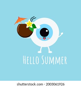 Cute Eye Ball Emoji With Hawaii Coconut Cocktail Wit Umbrella And Flower. Hello Summer Concept. Flat Design Cartoon Style Holiday Smiling Eyeball Optician Character Vector Illustration. 