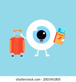 Cute Eye Ball Emoji With Suitcase And Passport With Tickets Isolated. Hello Summer And Optician Tourism Concept. Flat Design Cartoon Style Smiling Eyeball Character Vector Illustration. 