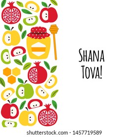 Cute eye catching greeting banner background with symbols of Jewish New Year holiday Rosh Hashanah, Shana Tova