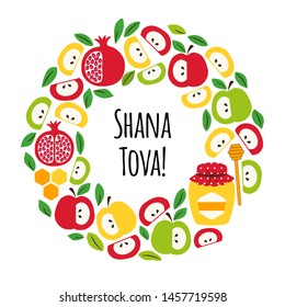 Cute eye catching greeting banner background with symbols of Jewish New Year holiday Rosh Hashanah, Shana Tova