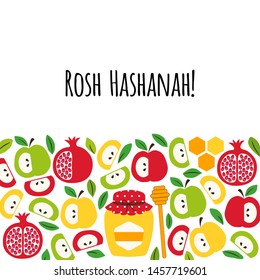 Cute eye catching greeting banner background with symbols of Jewish New Year holiday Rosh Hashanah, Shana Tova