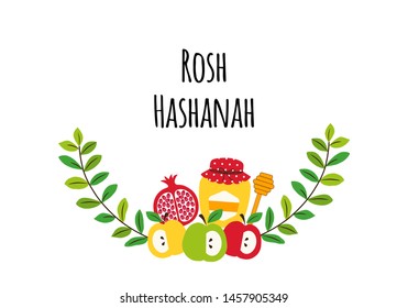 Cute eye catching greeting banner background with symbols of Jewish New Year holiday Rosh Hashana, Shana Tova
