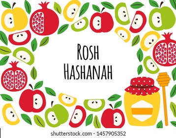 Cute eye catching greeting banner background with symbols of Jewish New Year holiday Rosh Hashana, Shana Tova