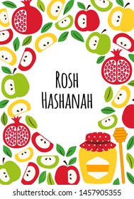 Cute eye catching greeting banner background with symbols of Jewish New Year holiday Rosh Hashana, Shana Tova