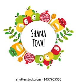 Cute eye catching greeting banner background with symbols of Jewish New Year holiday Rosh Hashana, Shana Tova