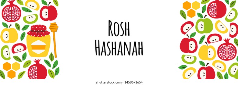 Cute eye catching greeting horizontal banner background with symbols of Jewish New Year holiday Rosh Hashanah, Shana Tova