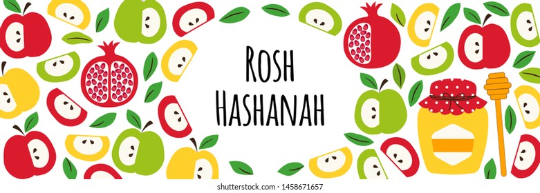 Cute eye catching greeting horizontal banner background with symbols of Jewish New Year holiday Rosh Hashanah, Shana Tova