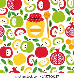 Cute eye catching seamless pattern background with symbols of Jewish New Year holiday Rosh Hashanah, Shana Tova