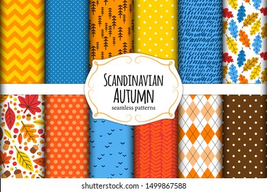 Cute eye catching set of bright Scandinavian Autumn seamless pattern background in traditional colors can be used for shopping sale or wrapping paper or wallpaper