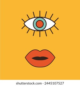 Lindo ojo con pestañas. Labios rojos. Un magnífico icono retro en estilo hippie de los años 60 y 70. Divertidos ojos de dibujos animados. Parches, sellos, pegatinas Plantilla de impresión. Diseño plano psicodélico de moda. Fondo amarillo. Vector