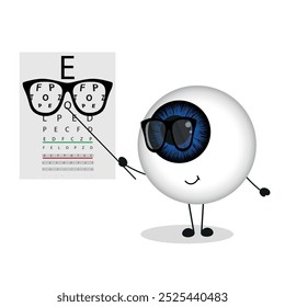 Olho bonito com óculos com placa de teste de cuidado ocular 